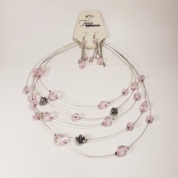 Elegant Light Pink Beaded Illusion Necklace Set – Silver-Tone Matching Earrings - Picture 5 of 9